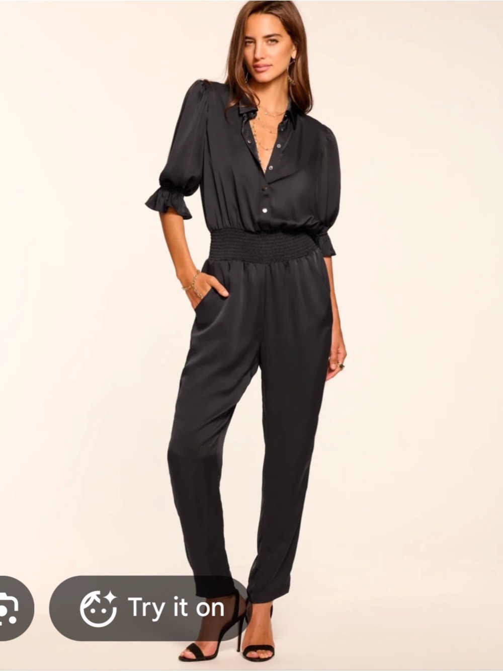 Ramy Brook Black Smocked-Waist Button-Front Jumpsuit Sleeveless Size XS Button z